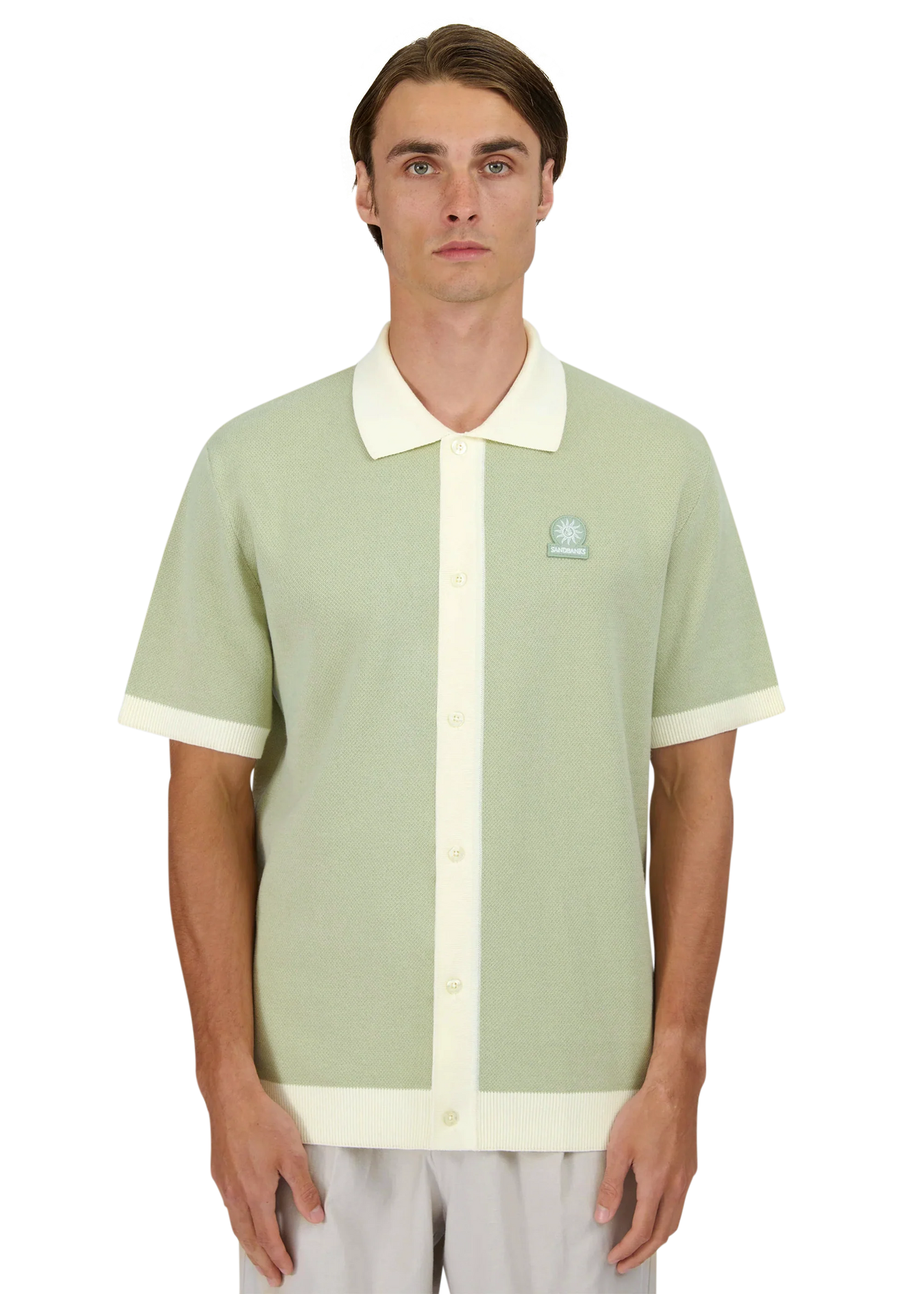 SANDBANKS FULL BUTTON KNITTED COTTON POLO SHIRT SAGE GREEN/WHITE RRP £165 BNWT