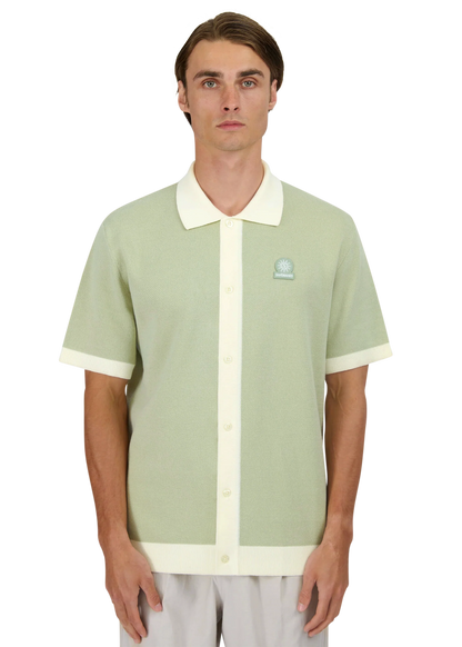 SANDBANKS FULL BUTTON KNITTED COTTON POLO SHIRT SAGE GREEN/WHITE RRP £165 BNWT