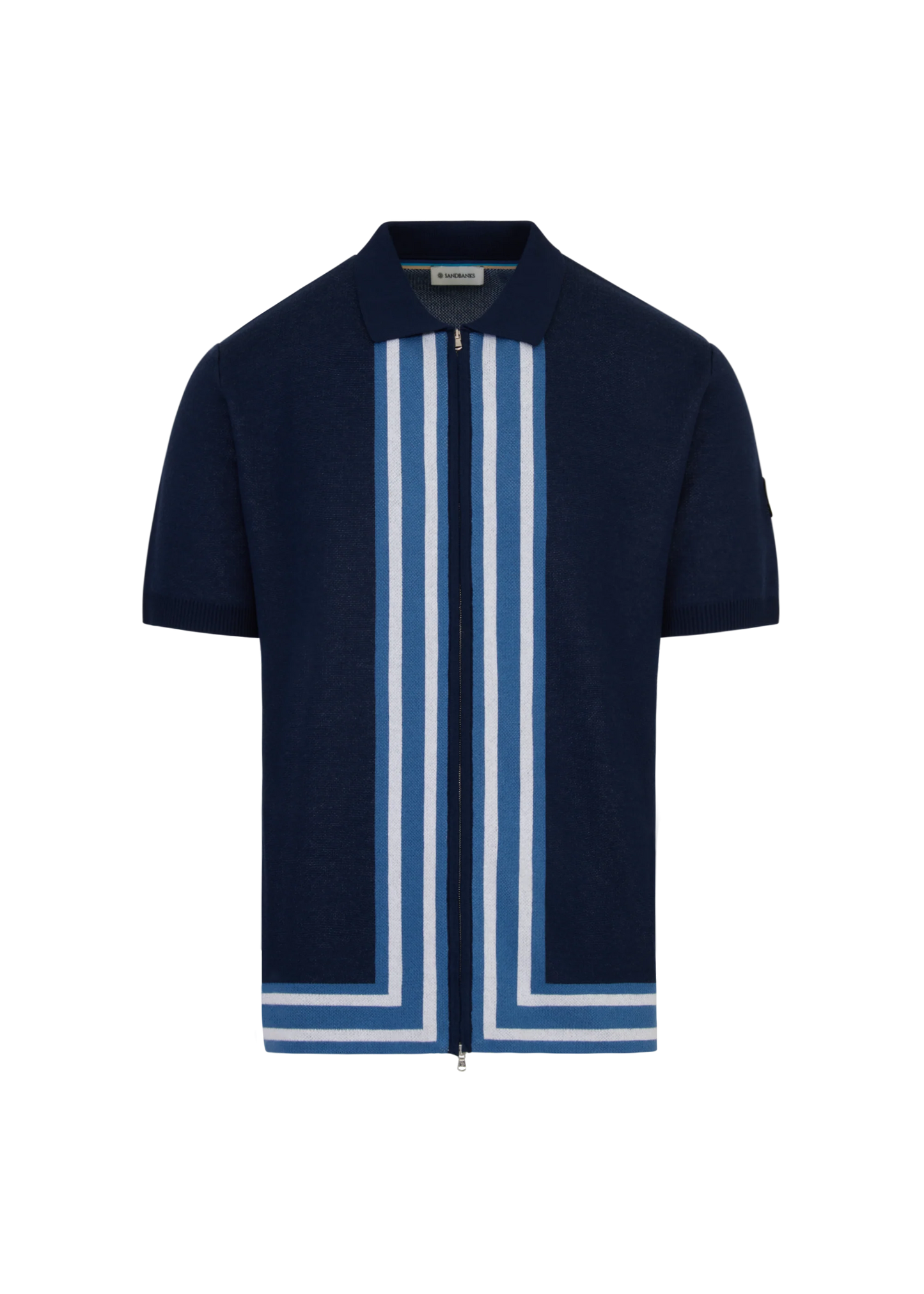 SANDBANKS STRIPE ZIP KNITTED COTTON POLO SHIRT NAVY BLUE RRP £175 BNWT