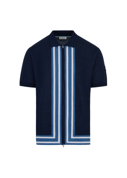 SANDBANKS STRIPE ZIP KNITTED COTTON POLO SHIRT NAVY BLUE RRP £175 BNWT