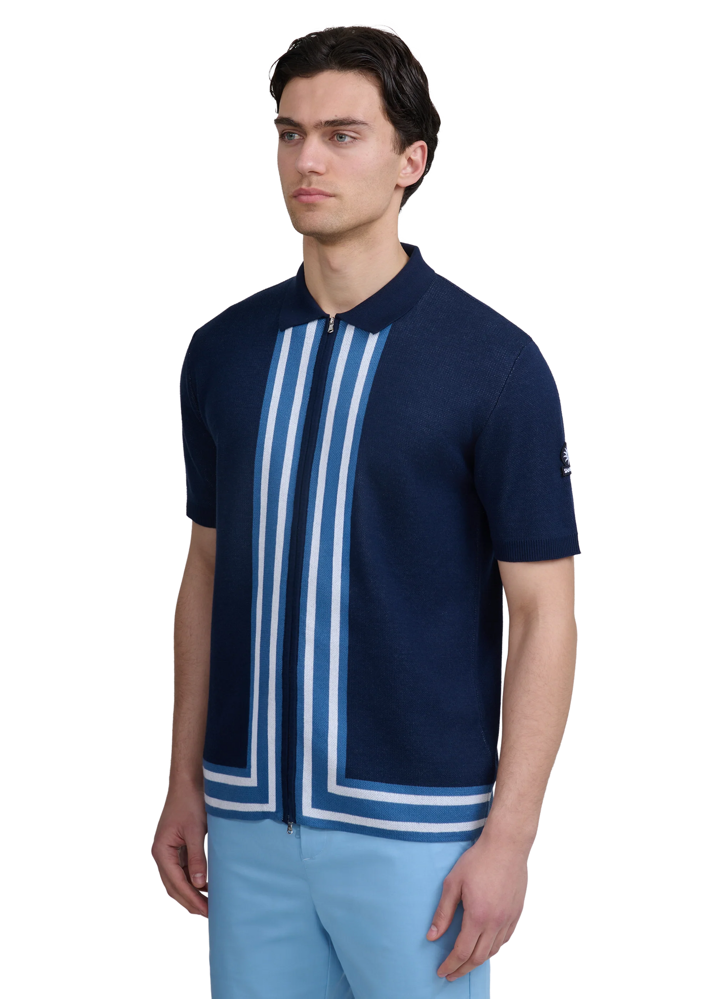 SANDBANKS STRIPE ZIP KNITTED COTTON POLO SHIRT NAVY BLUE RRP £175 BNWT