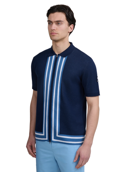 SANDBANKS STRIPE ZIP KNITTED COTTON POLO SHIRT NAVY BLUE RRP £175 BNWT