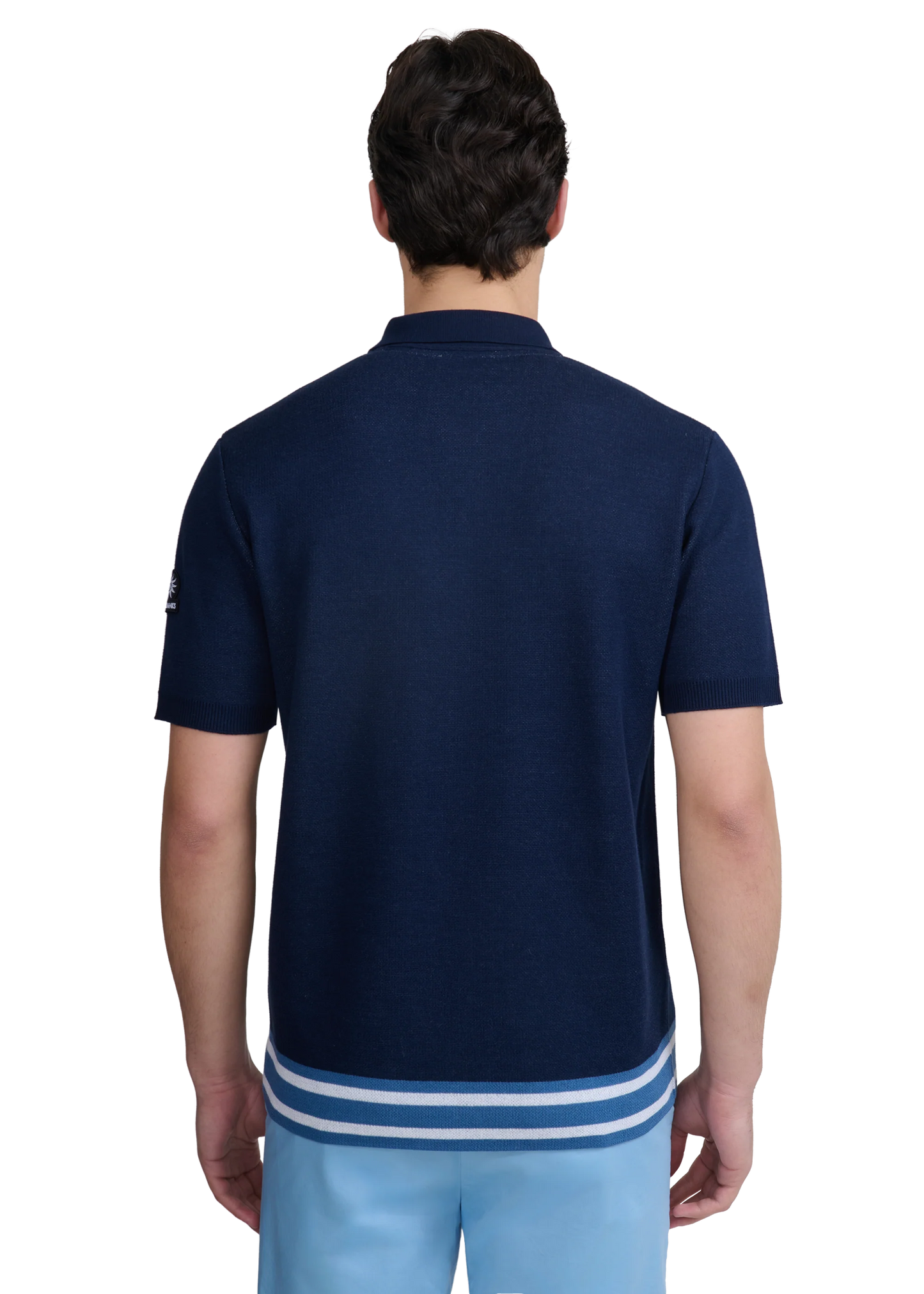 SANDBANKS STRIPE ZIP KNITTED COTTON POLO SHIRT NAVY BLUE RRP £175 BNWT