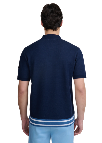 SANDBANKS STRIPE ZIP KNITTED COTTON POLO SHIRT NAVY BLUE RRP £175 BNWT