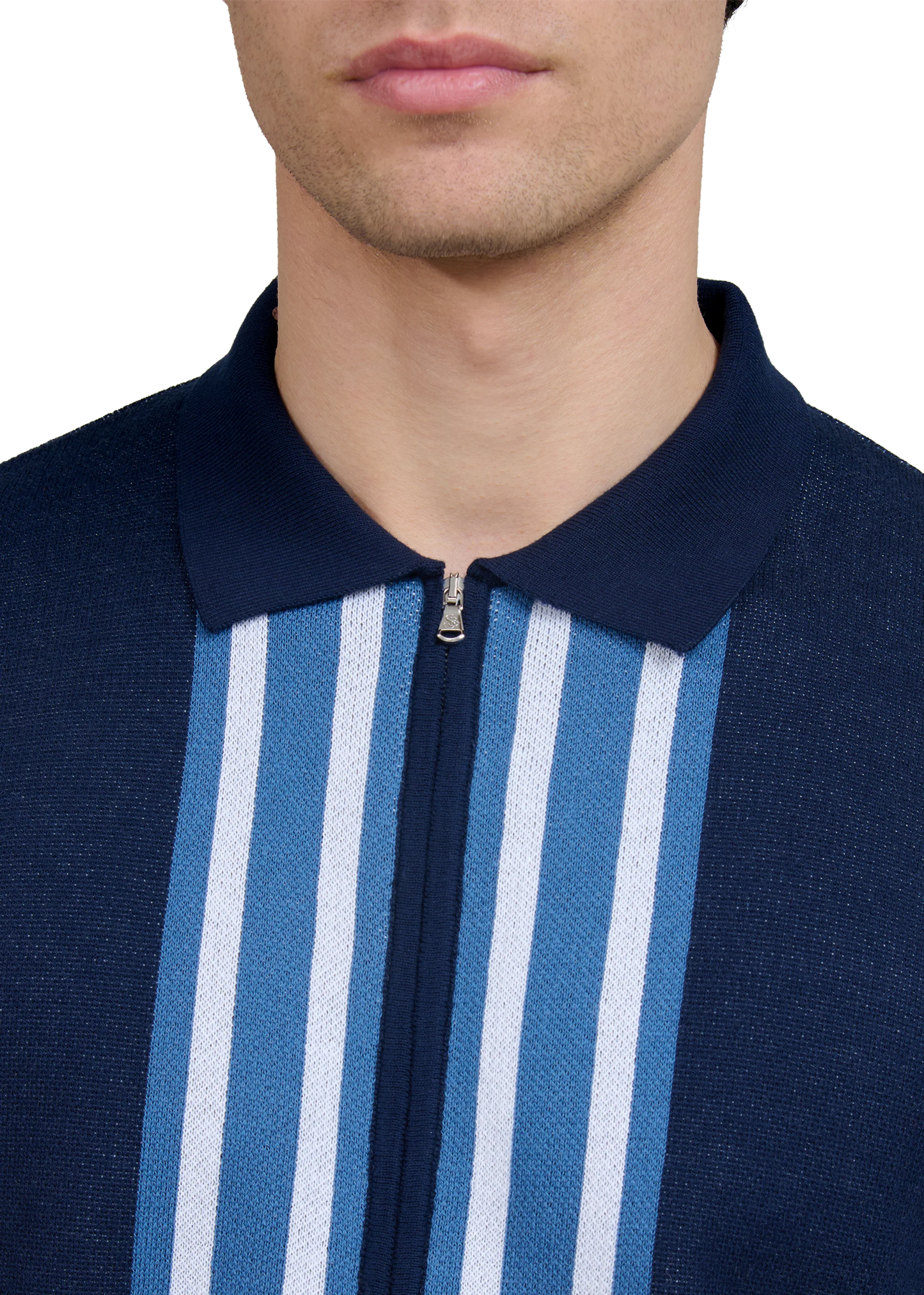 SANDBANKS STRIPE ZIP KNITTED COTTON POLO SHIRT NAVY BLUE RRP £175 BNWT