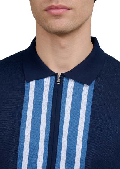 SANDBANKS STRIPE ZIP KNITTED COTTON POLO SHIRT NAVY BLUE RRP £175 BNWT