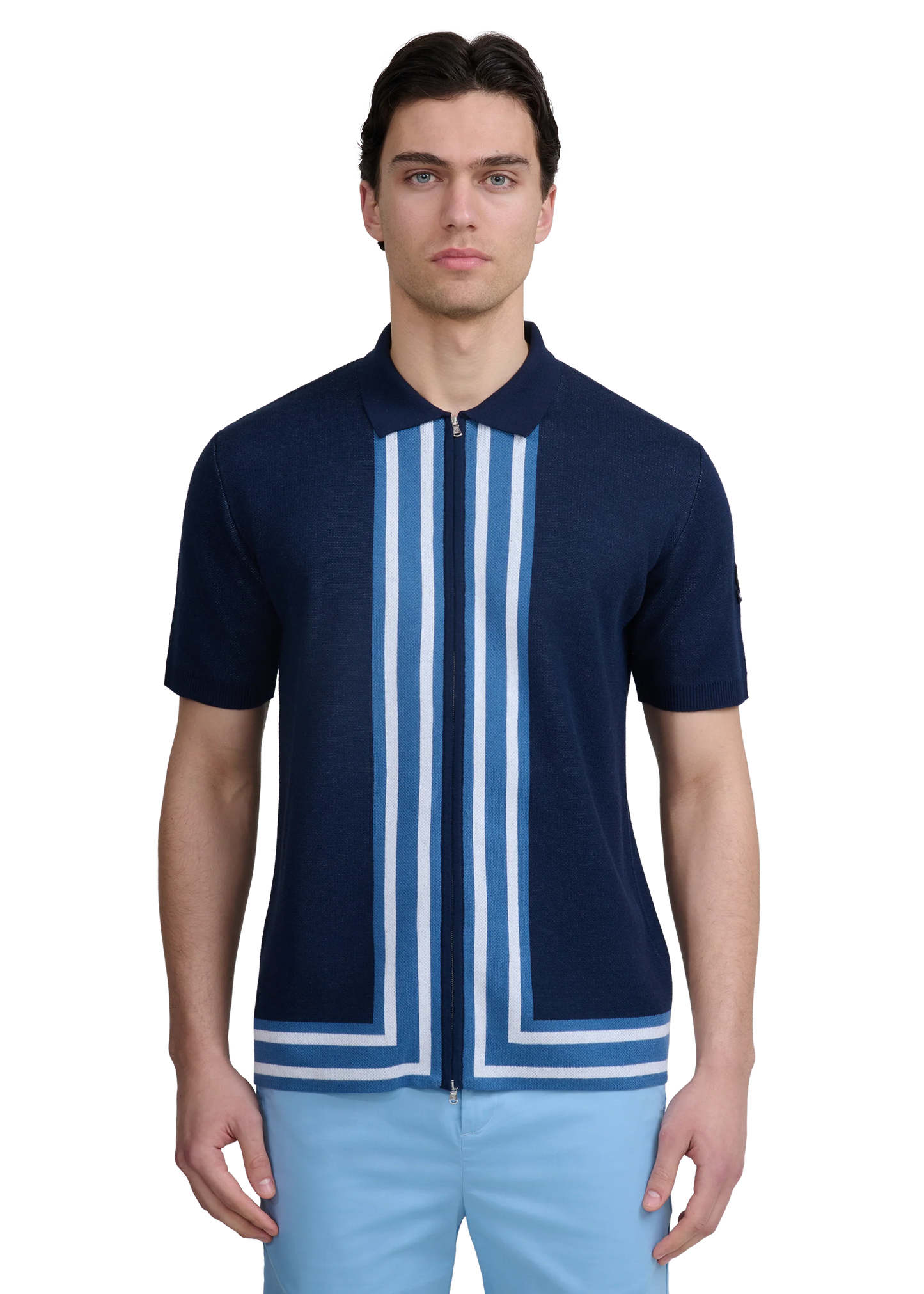 SANDBANKS STRIPE ZIP KNITTED COTTON POLO SHIRT NAVY BLUE RRP £175 BNWT