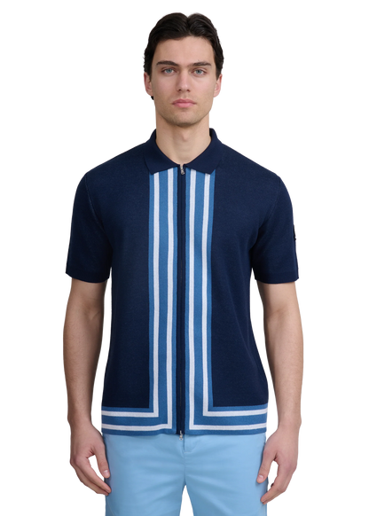 SANDBANKS STRIPE ZIP KNITTED COTTON POLO SHIRT NAVY BLUE RRP £175 BNWT