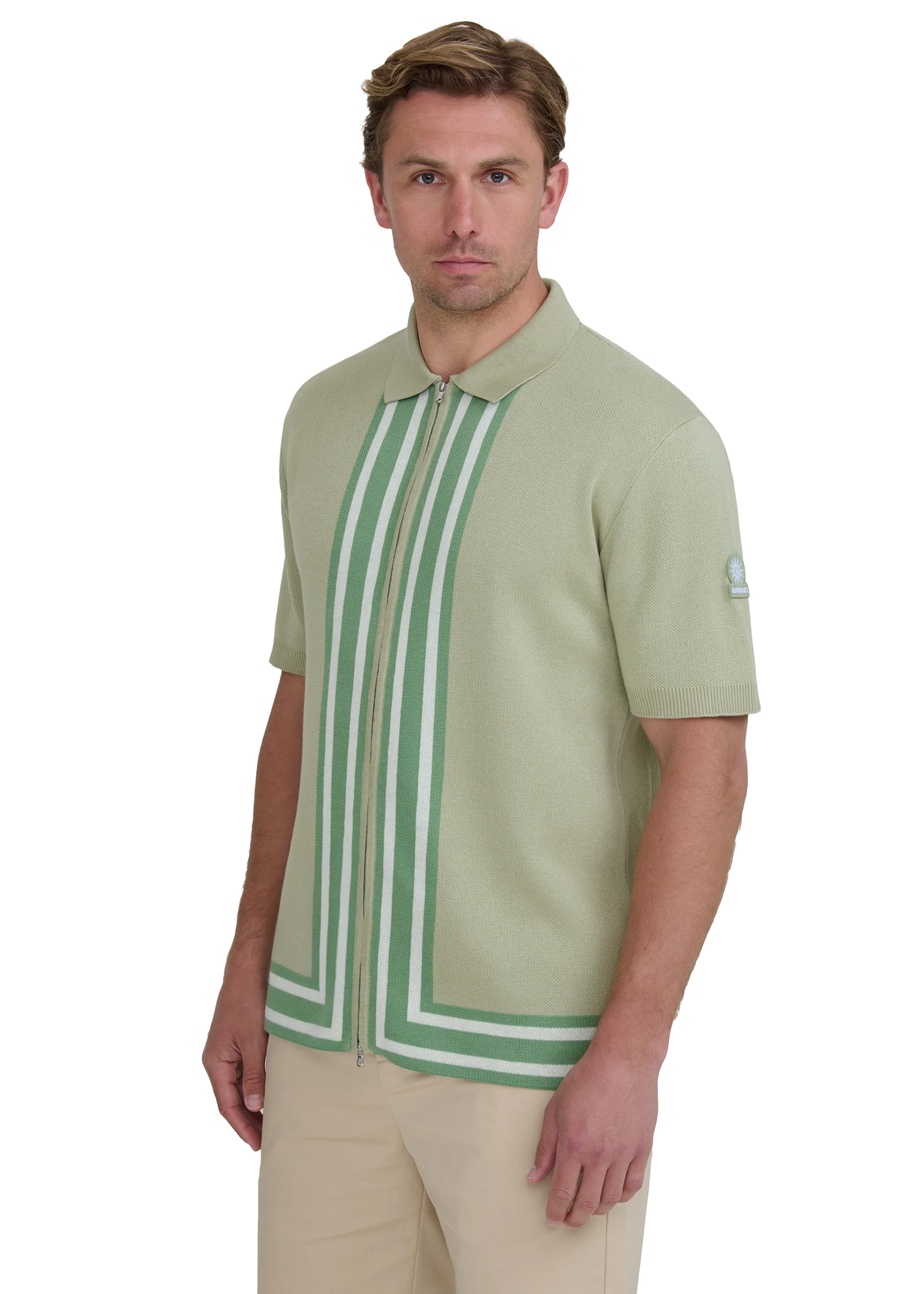 SANDBANKS STRIPE ZIP KNITTED COTTON POLO SHIRT SAGE GREEN RRP £175 BNWT