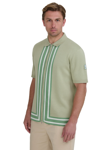 SANDBANKS STRIPE ZIP KNITTED COTTON POLO SHIRT SAGE GREEN RRP £175 BNWT