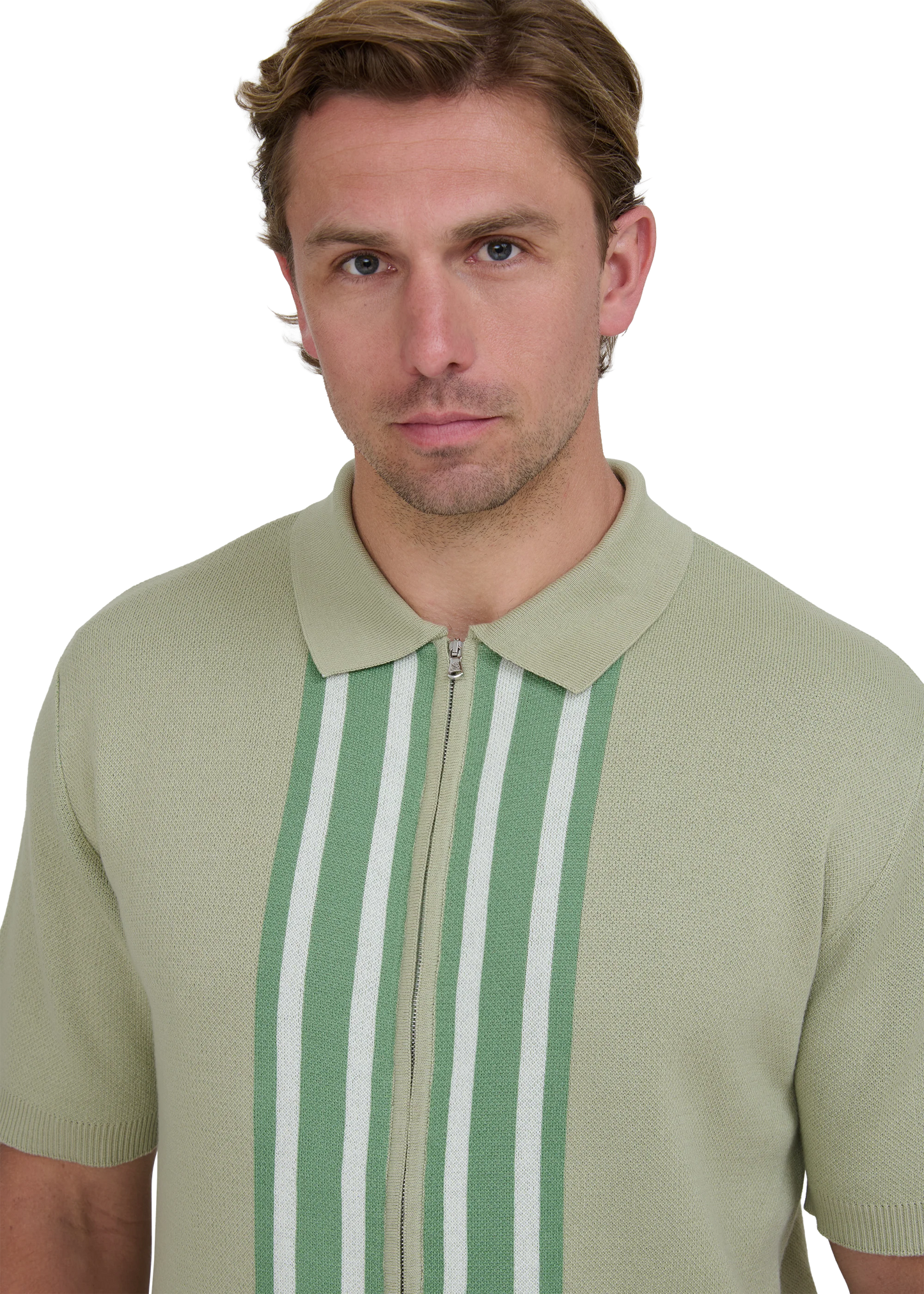 SANDBANKS STRIPE ZIP KNITTED COTTON POLO SHIRT SAGE GREEN RRP £175 BNWT
