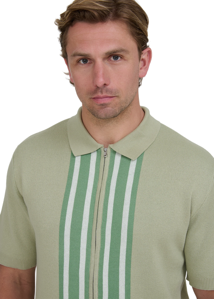 SANDBANKS STRIPE ZIP KNITTED COTTON POLO SHIRT SAGE GREEN RRP £175 BNWT