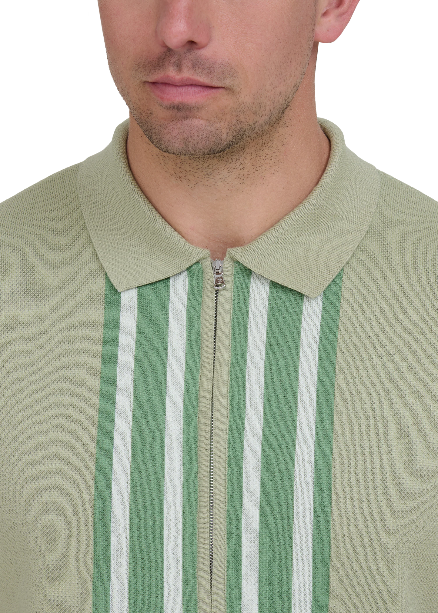 SANDBANKS STRIPE ZIP KNITTED COTTON POLO SHIRT SAGE GREEN RRP £175 BNWT