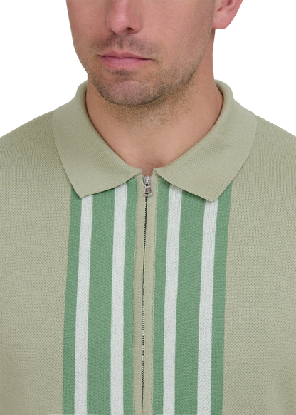 SANDBANKS STRIPE ZIP KNITTED COTTON POLO SHIRT SAGE GREEN RRP £175 BNWT