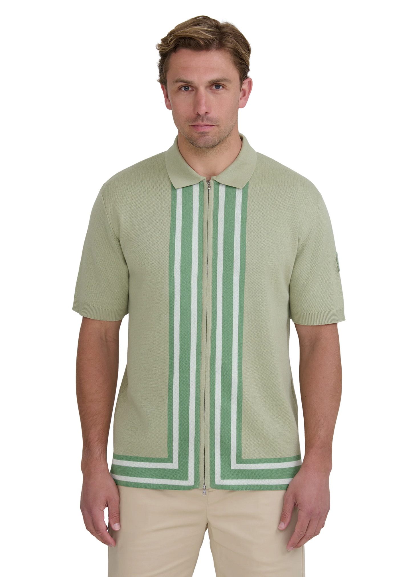 SANDBANKS STRIPE ZIP KNITTED COTTON POLO SHIRT SAGE GREEN RRP £175 BNWT