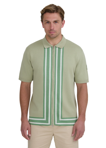 SANDBANKS STRIPE ZIP KNITTED COTTON POLO SHIRT SAGE GREEN RRP £175 BNWT