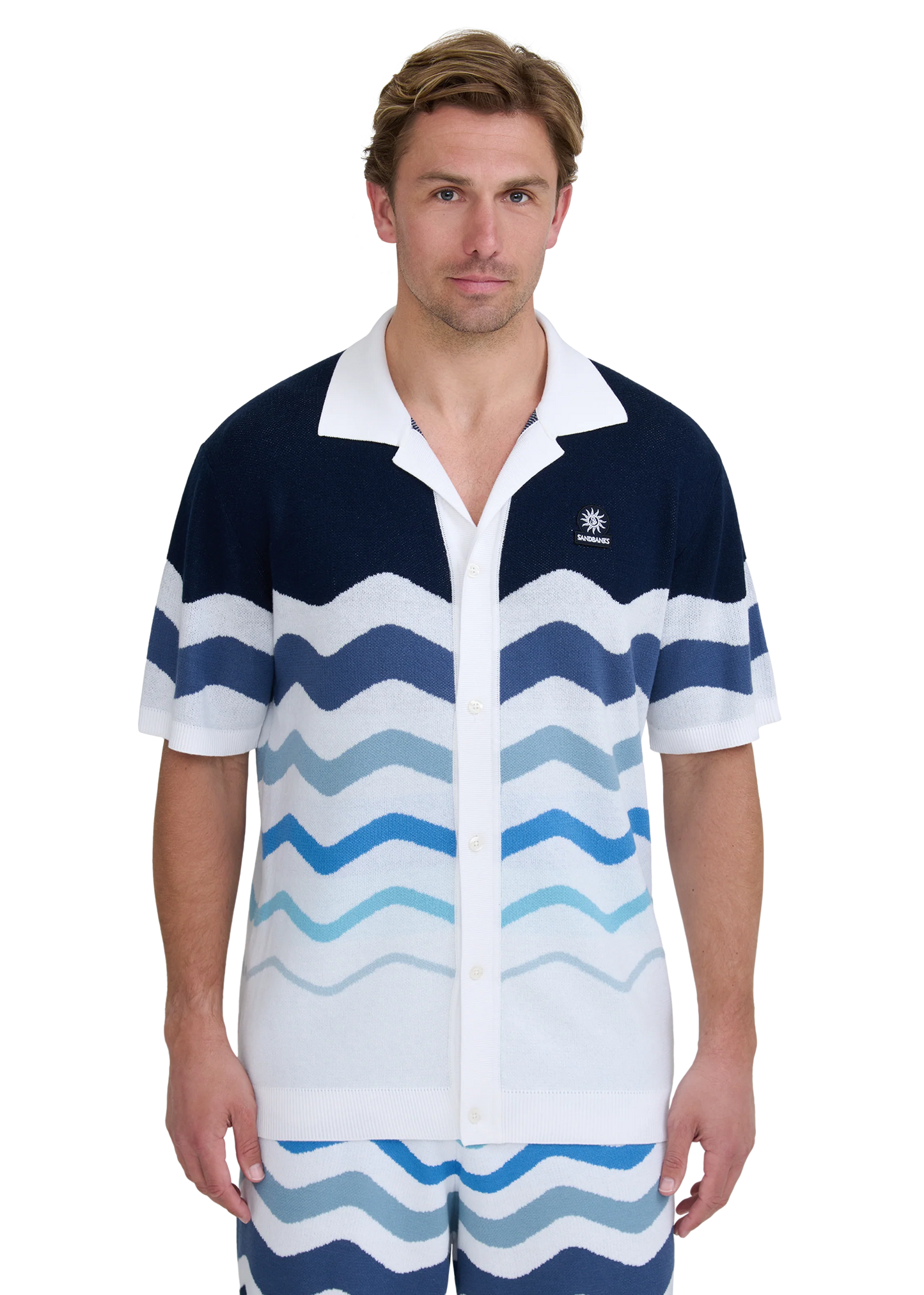 SANDBANKS GRADIENT WAVE KNITTED COTTON SHIRT BLUE RRP £165 BNWT
