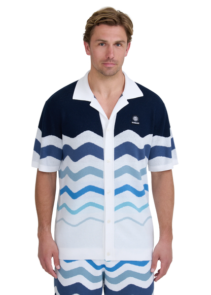 SANDBANKS GRADIENT WAVE KNITTED COTTON SHIRT BLUE RRP £165 BNWT