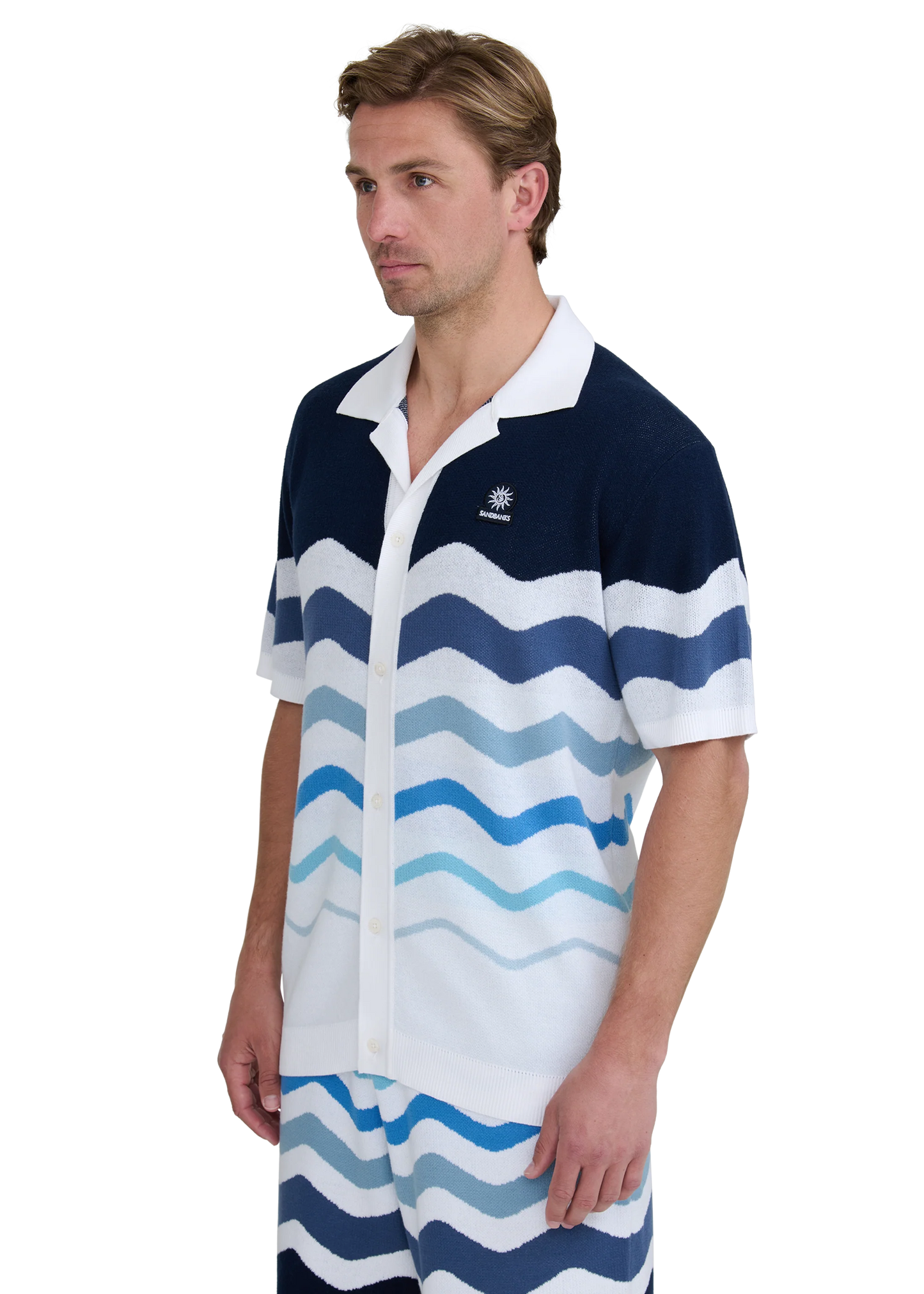 SANDBANKS GRADIENT WAVE KNITTED COTTON SHIRT BLUE RRP £165 BNWT