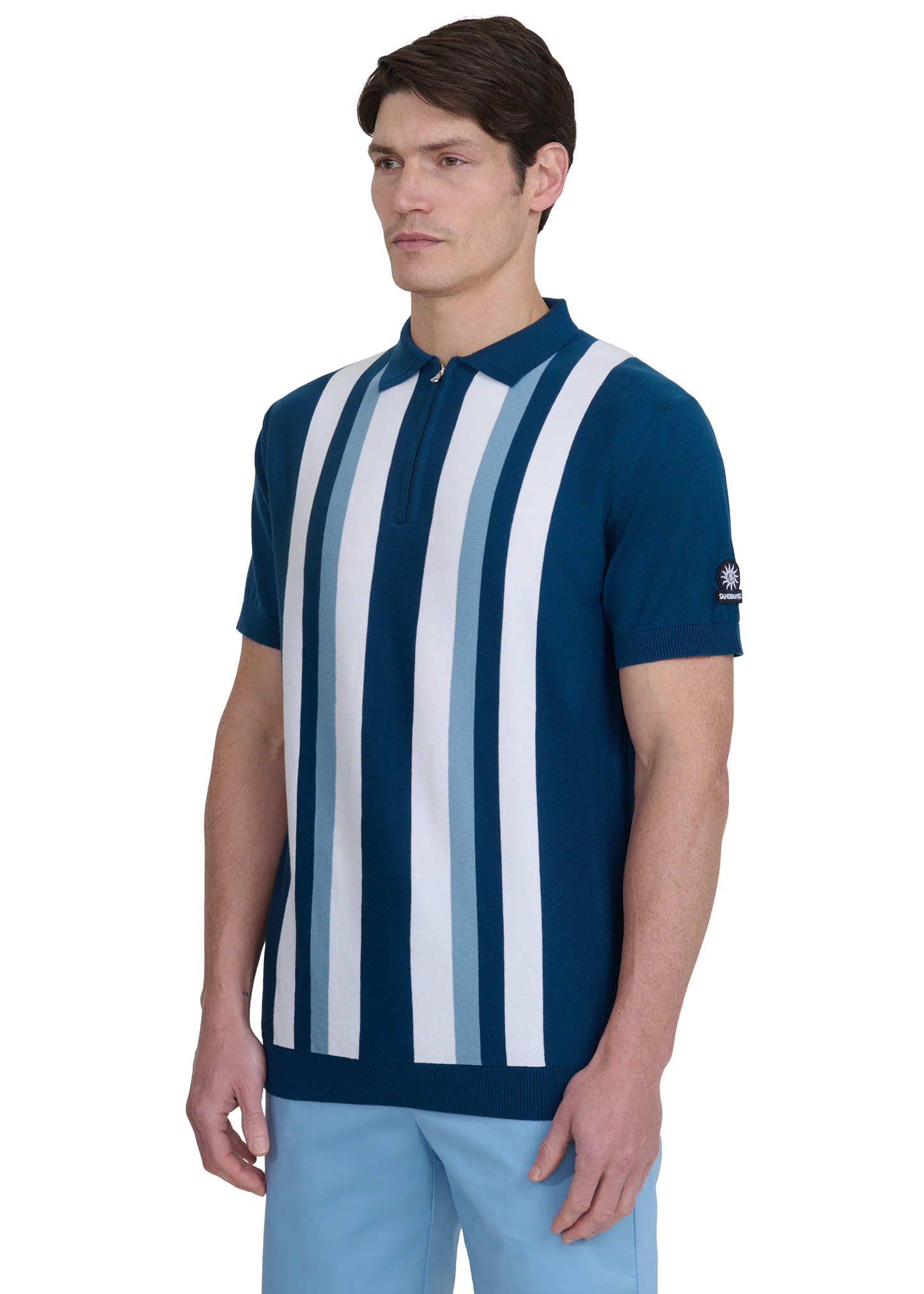 SANDBANKS VERICAL STRIPE ZIP UP KNITTED COTTON POLO SHIRT NAVY RRP £160 BNWT