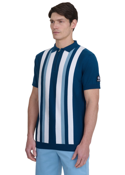 SANDBANKS VERICAL STRIPE ZIP UP KNITTED COTTON POLO SHIRT NAVY RRP £160 BNWT