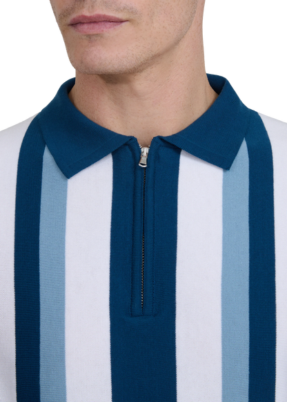 SANDBANKS VERICAL STRIPE ZIP UP KNITTED COTTON POLO SHIRT NAVY RRP £160 BNWT