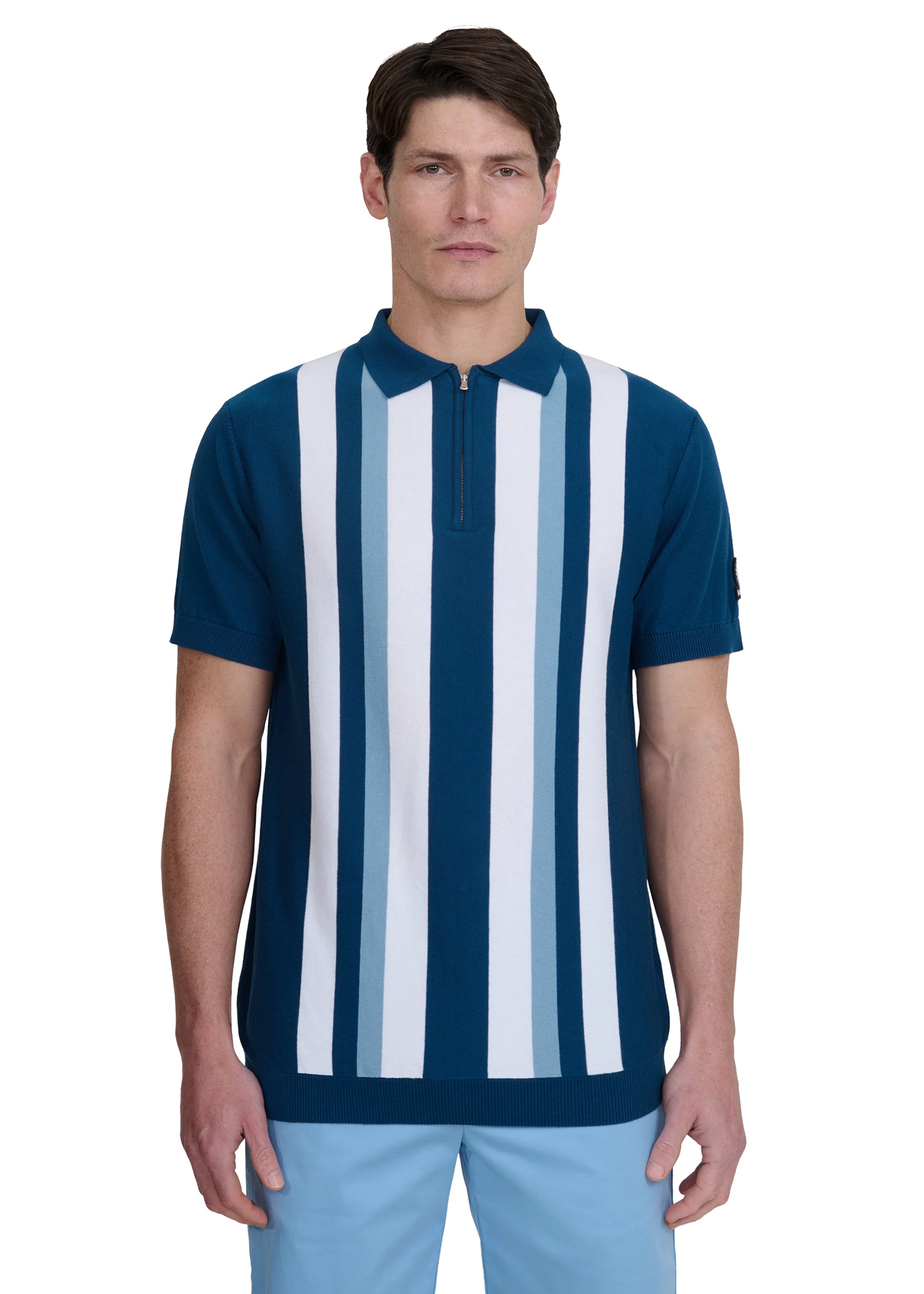 SANDBANKS VERICAL STRIPE ZIP UP KNITTED COTTON POLO SHIRT NAVY RRP £160 BNWT