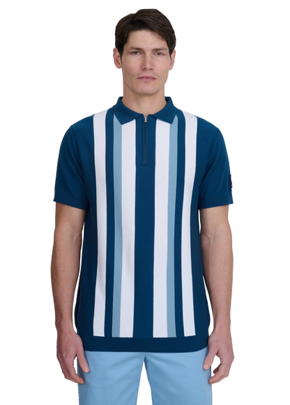 SANDBANKS VERICAL STRIPE ZIP UP KNITTED COTTON POLO SHIRT NAVY RRP £160 BNWT
