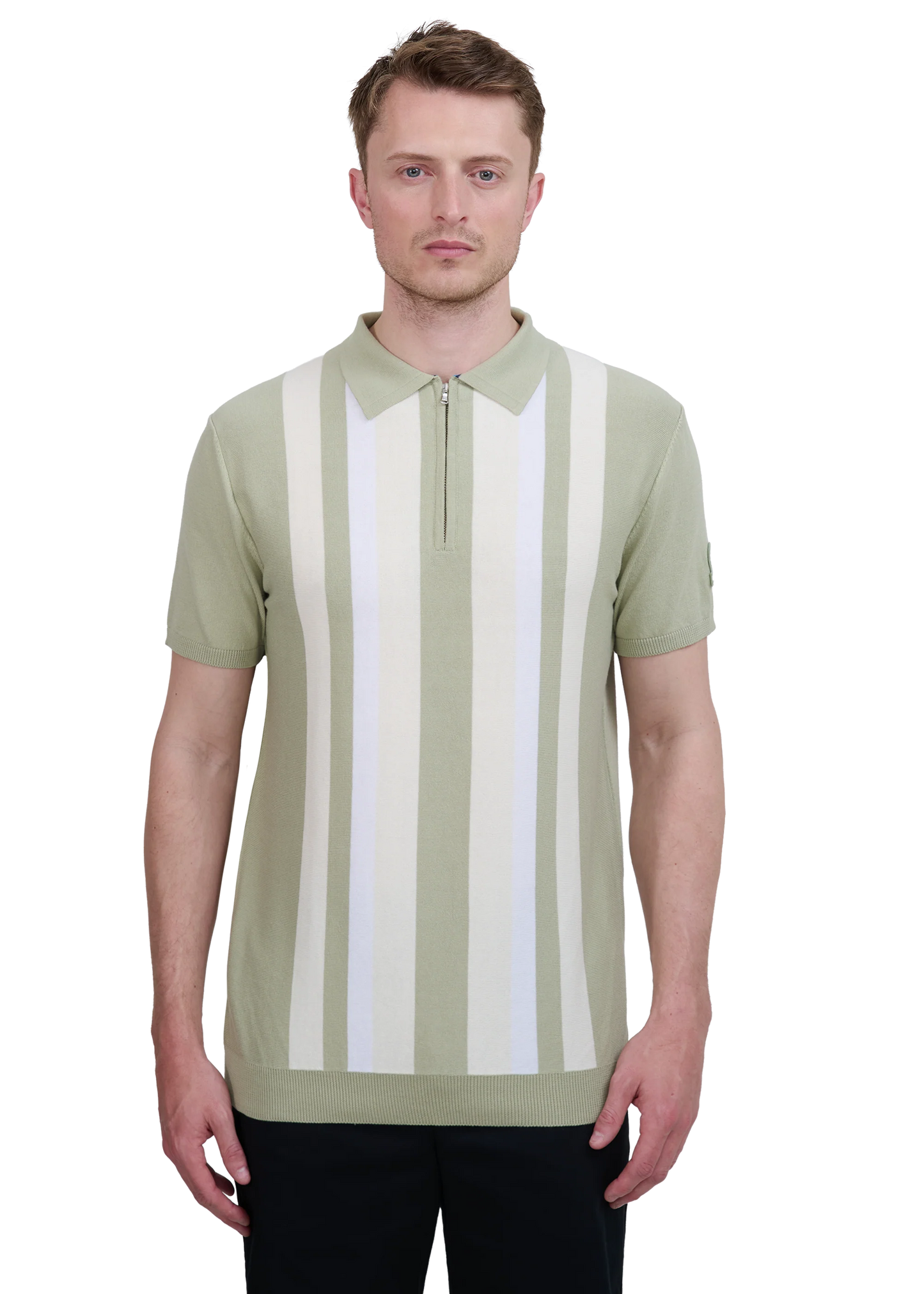 SANDBANKS VERICAL STRIPE ZIP UP KNITTED COTTON POLO SHIRT SAGE RRP £160 BNWT