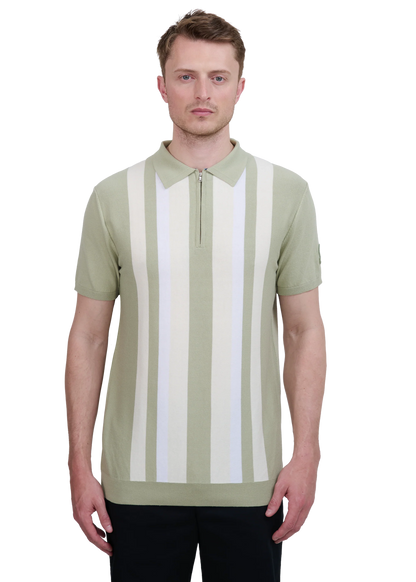 SANDBANKS VERICAL STRIPE ZIP UP KNITTED COTTON POLO SHIRT SAGE RRP £160 BNWT
