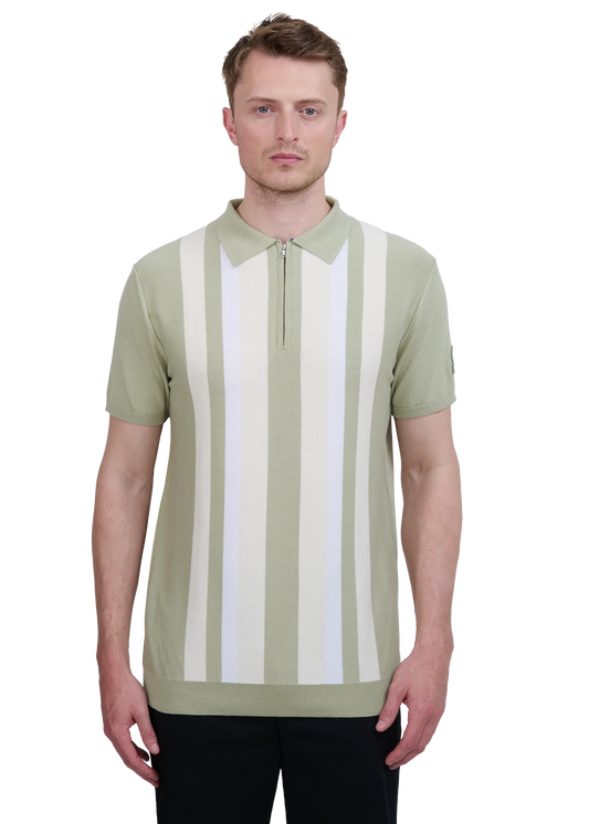 SANDBANKS VERTICAL STRIPE ZIP UP KNITTED COTTON POLO SHIRT SAGE RRP £160 BNWT