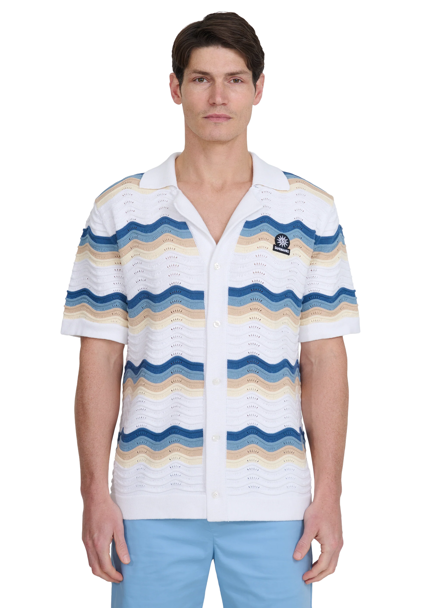 SANDBANKS CROCHET WAVE KNITTED COTTON SHIRT TRI-COLOUR RRP £175 BNWT