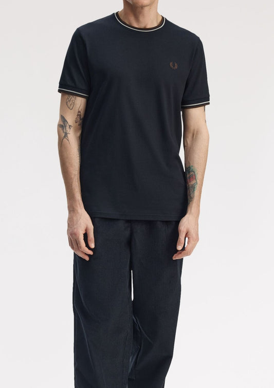 FRED PERRY TWIN TIPPED T-SHIRT NAVY/WARM OAT/BURNT TOBACCO RRP £50 BNWT
