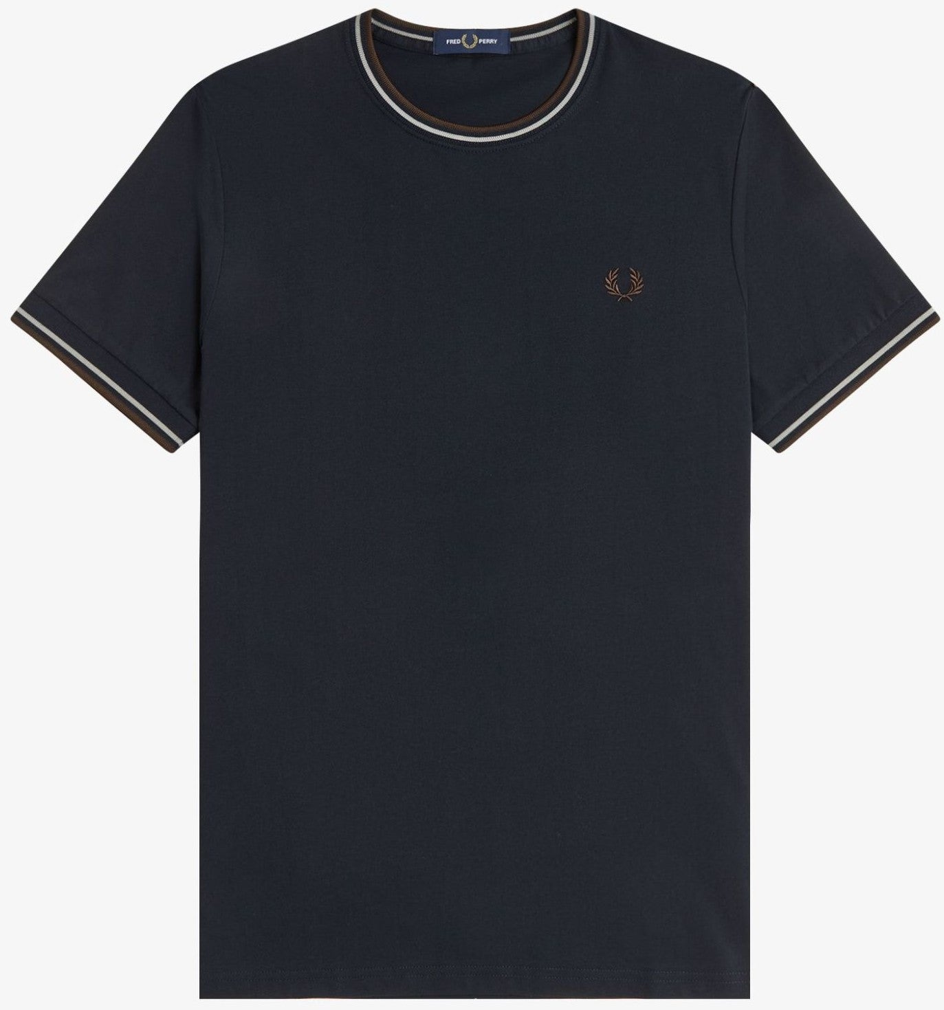 FRED PERRY TWIN TIPPED T-SHIRT NAVY/WARM OAT/BURNT TOBACCO RRP £50 BNWT