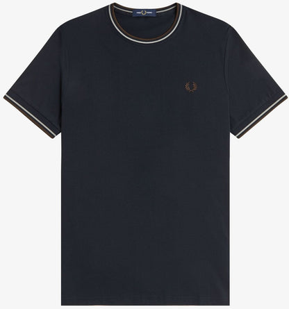 FRED PERRY TWIN TIPPED T-SHIRT NAVY/WARM OAT/BURNT TOBACCO RRP £50 BNWT