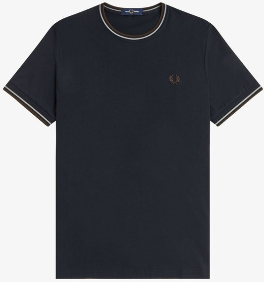FRED PERRY TWIN TIPPED T-SHIRT NAVY/WARM OAT/BURNT TOBACCO RRP £50 BNWT