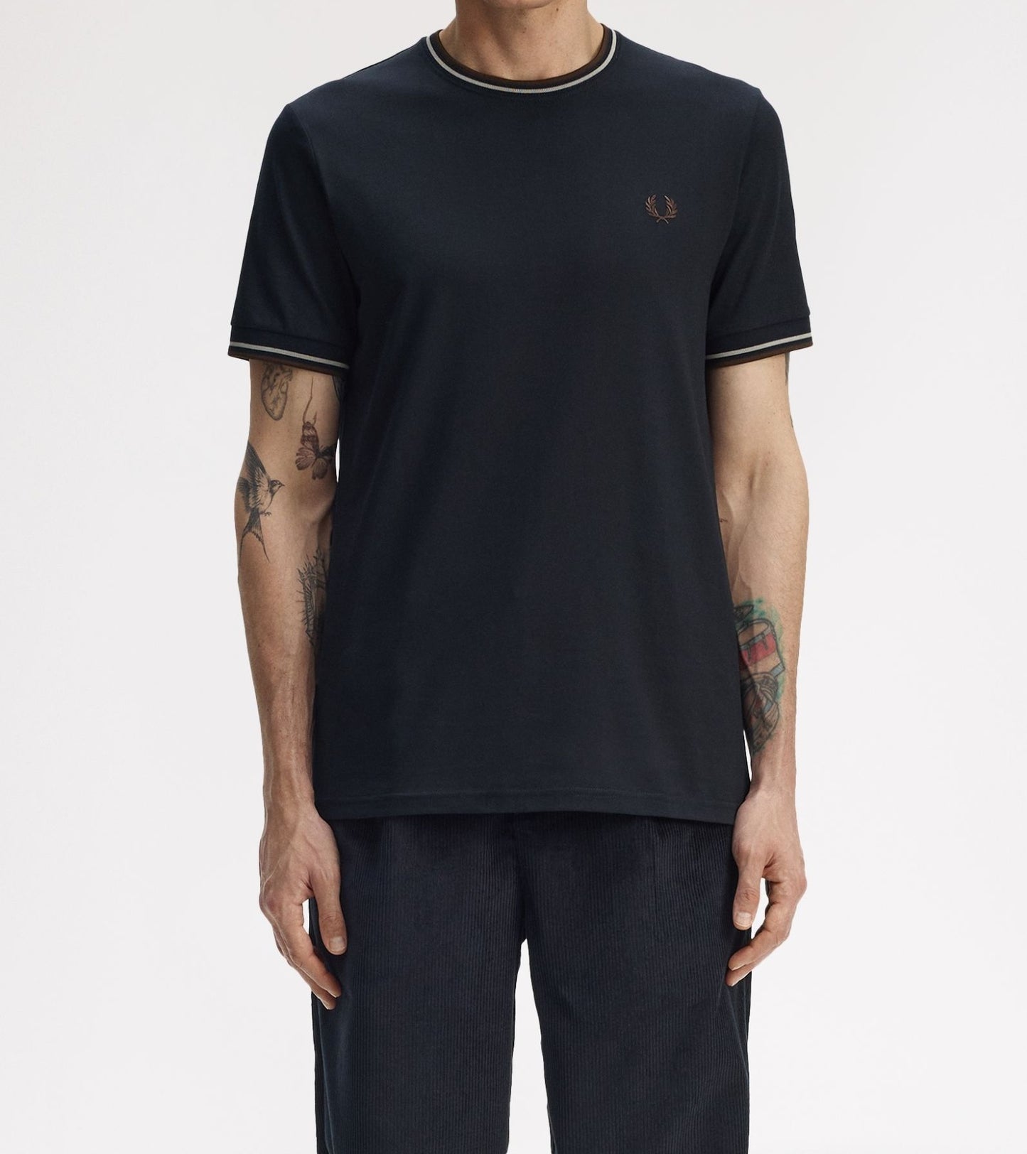 FRED PERRY TWIN TIPPED T-SHIRT NAVY/WARM OAT/BURNT TOBACCO RRP £50 BNWT