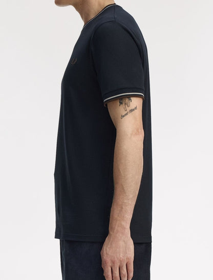 FRED PERRY TWIN TIPPED T-SHIRT NAVY/WARM OAT/BURNT TOBACCO RRP £50 BNWT