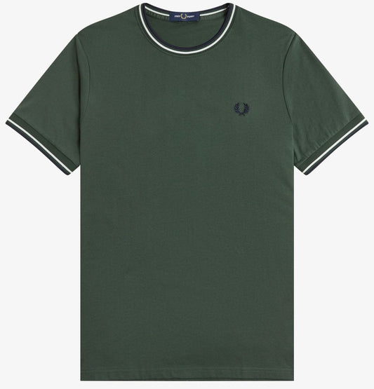 FRED PERRY TWIN TIPPED T-SHIRT COURT GREEN/SNOW WHITE/NAVY RRP £50 BNWT