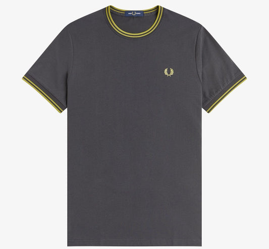 FRED PERRY TWIN TIPPED T-SHIRT ANCHOR GREY/TENNIS BALL YELLOW LARGE RRP £50 BNWT
