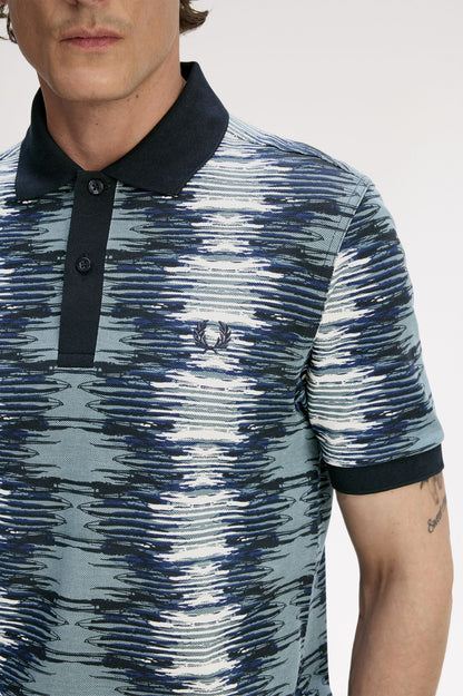 FRED PERRY SOUNDWAVE GLITCH PIQUE COTTON POLO SHIRT BLUE 2XL RRP £95 BNWT