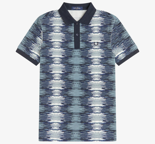 FRED PERRY SOUNDWAVE GLITCH PIQUE COTTON POLO SHIRT BLUE 2XL RRP £95 BNWT