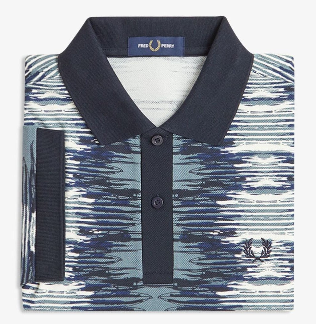 FRED PERRY SOUNDWAVE GLITCH PIQUE COTTON POLO SHIRT BLUE 2XL RRP £95 BNWT