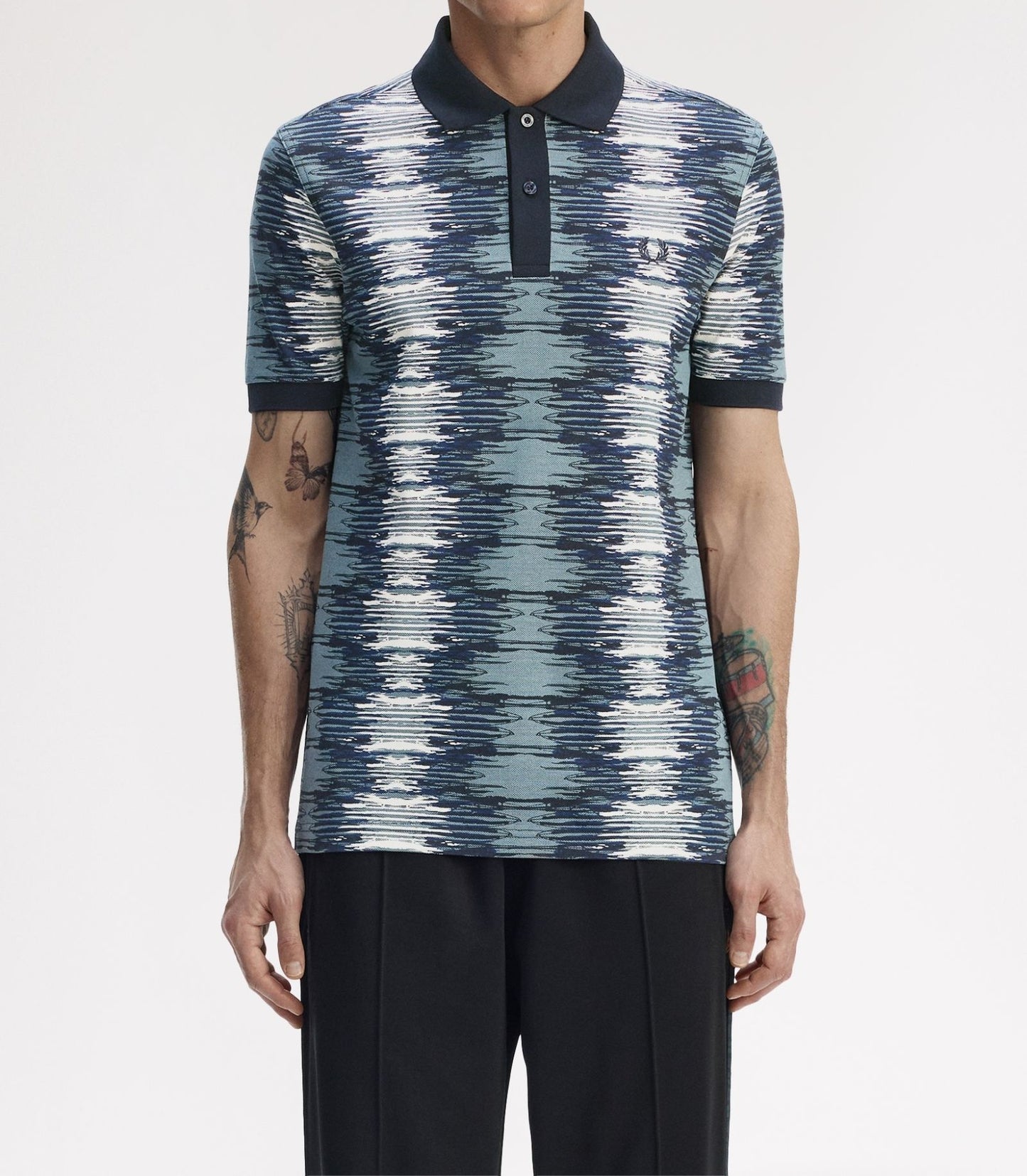 FRED PERRY SOUNDWAVE GLITCH PIQUE COTTON POLO SHIRT BLUE 2XL RRP £95 BNWT