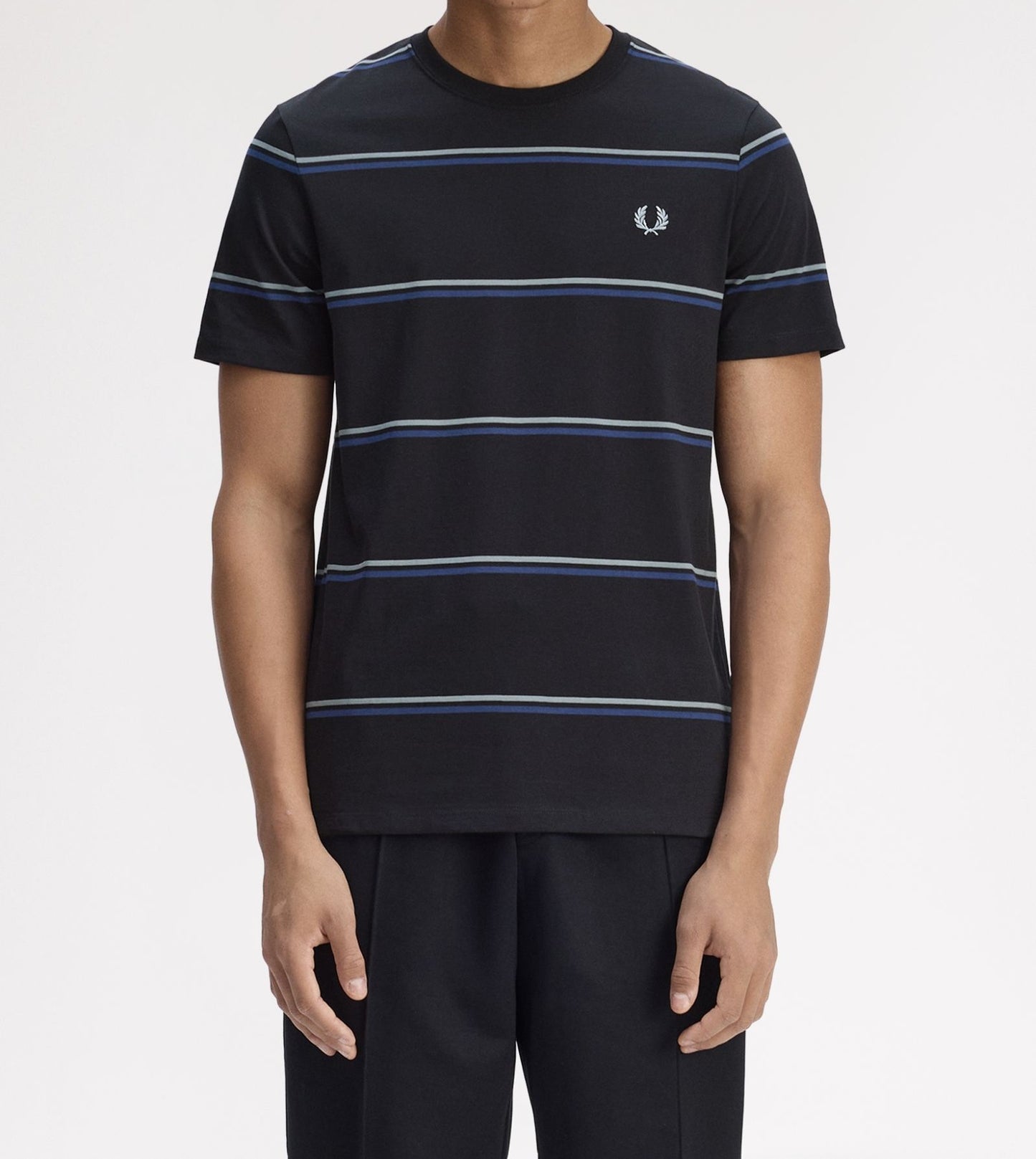FRED PERRY FINE STRIPE T-SHIRT BLACK/STOCKPORT BLUE/NAVY MEDIUM RRP £55 BNWT