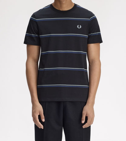FRED PERRY FINE STRIPE T-SHIRT BLACK/STOCKPORT BLUE/NAVY MEDIUM RRP £55 BNWT