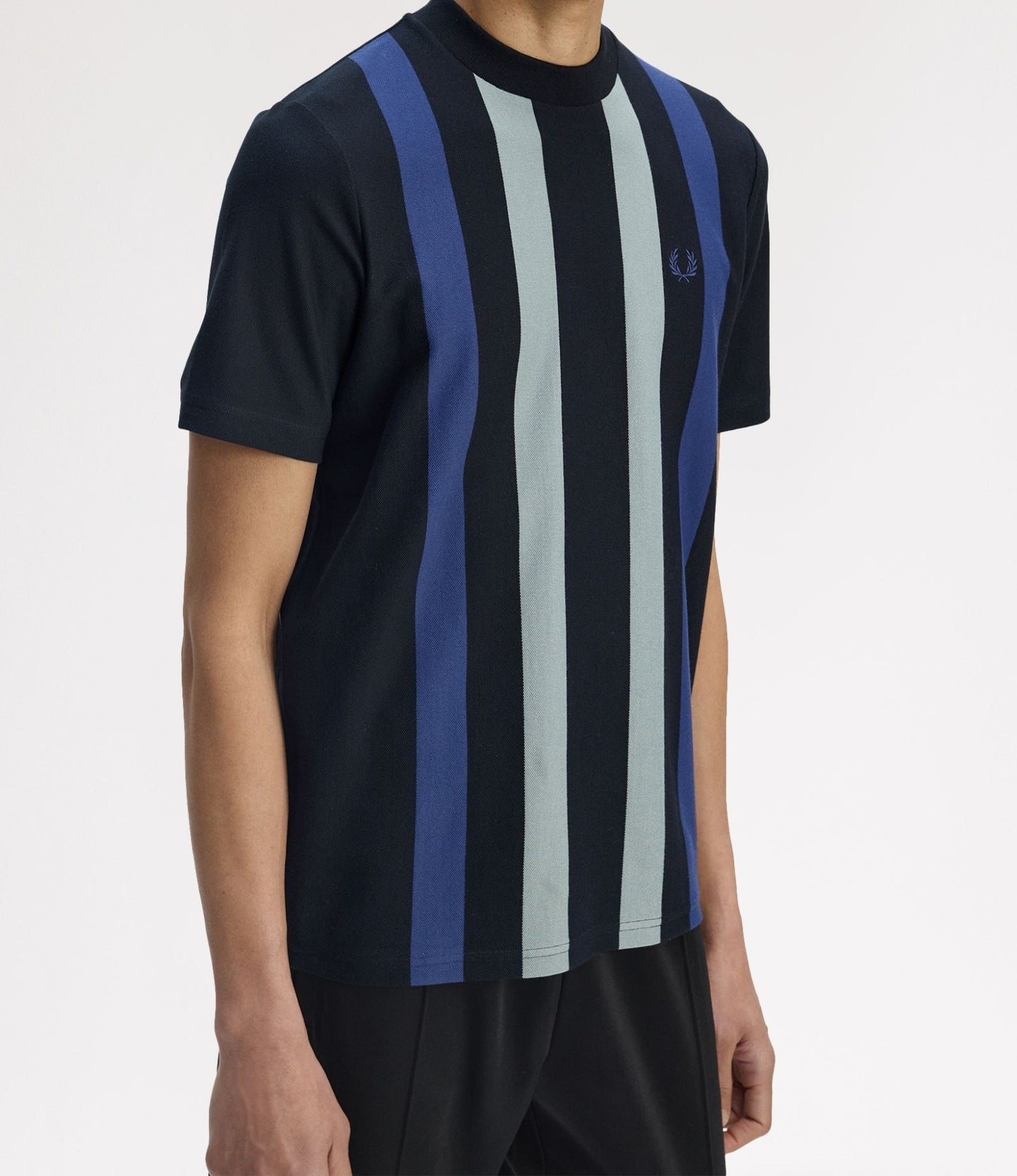 FRED PERRY VERTICAL STRIPE PIQUE COTTON T-SHIRT BLACK/BLUE RRP £65 BNWT