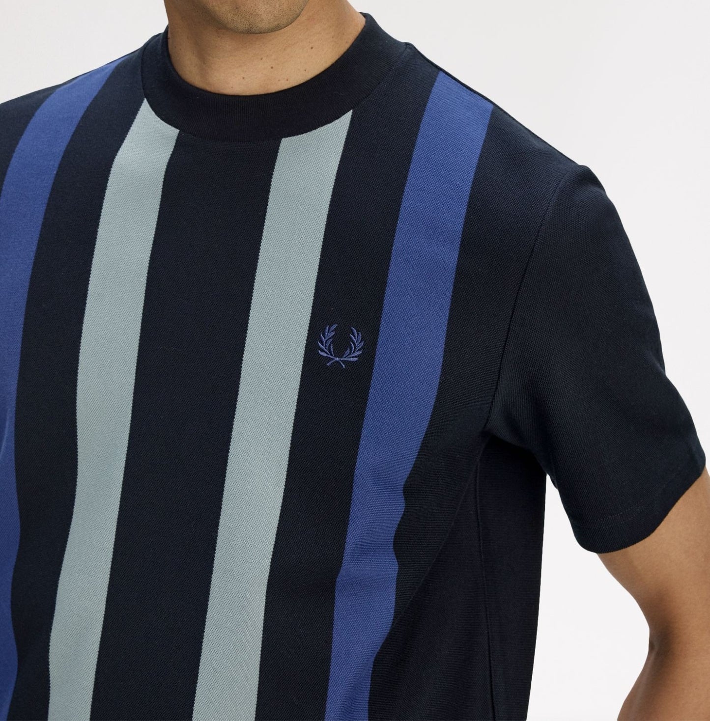 FRED PERRY VERTICAL STRIPE PIQUE COTTON T-SHIRT BLACK/BLUE RRP £65 BNWT