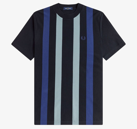 FRED PERRY VERTICAL STRIPE PIQUE COTTON T-SHIRT BLACK/BLUE RRP £65 BNWT