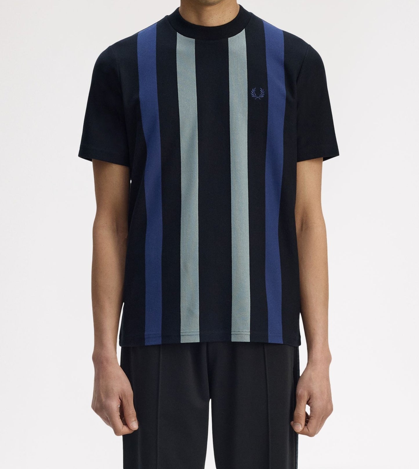 FRED PERRY VERTICAL STRIPE PIQUE COTTON T-SHIRT BLACK/BLUE RRP £65 BNWT